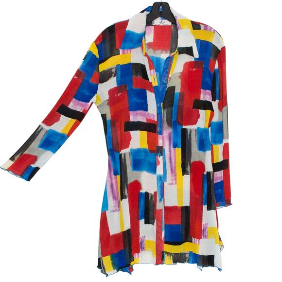 Rossi Roma Tunic Top Sheer Abstract Artsy Crinkle Statement Button Up Medium - Picture 5 of 5